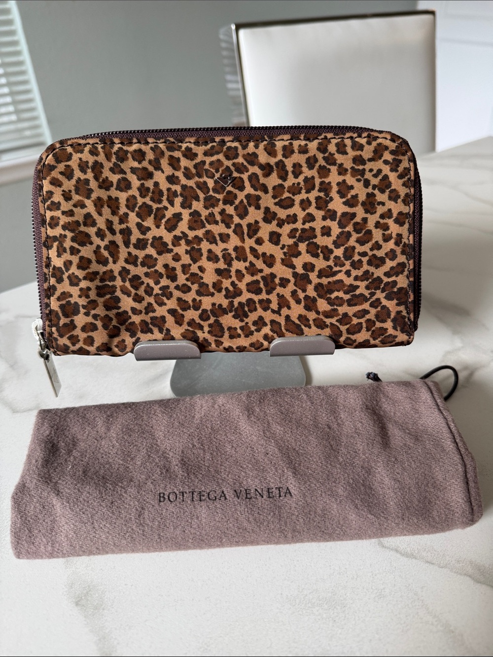 Bottega Veneta Vintage Leopard Print Zip Around Wallet with Dust Bag